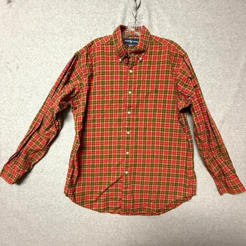 Ralph Lauren Shirt Men's Large Classic Fit Red Green Plaid Button Up Long Sleeve